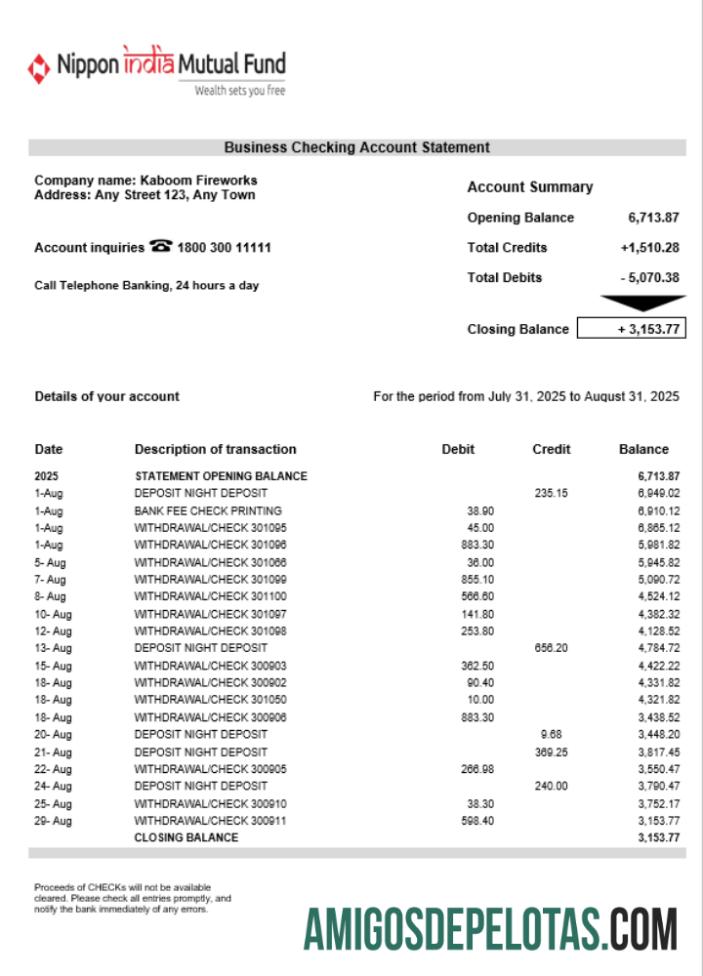 Extrato de conta corrente da organização NIPPON em formato Word e PDF amostra